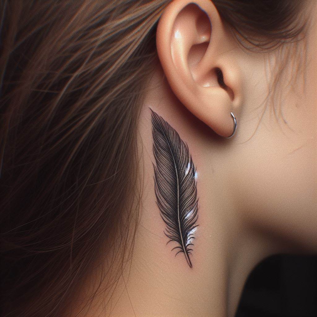 A tiny, intricate feather tattoo tucked behind the ear, using fine lines and shading to subtly cover an old tattoo, symbolizing freedom and inspiration.