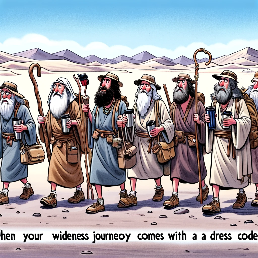 A cartoon of the Israelites wandering in the desert, but they're all carrying travel mugs and wearing hiking gear. The caption reads, "When your wilderness journey comes with a dress code."