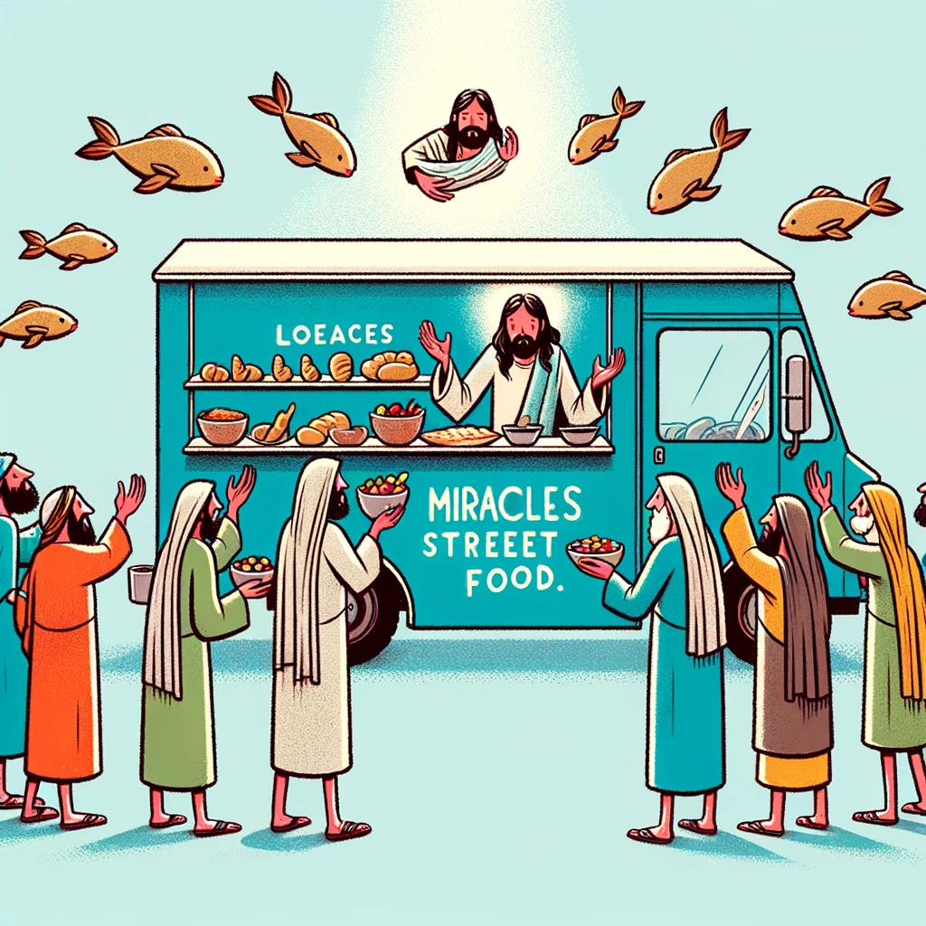 A playful illustration of Jesus feeding the 5000, but with a modern food truck serving loaves and fishes. The caption reads, "Miracles meet street food."