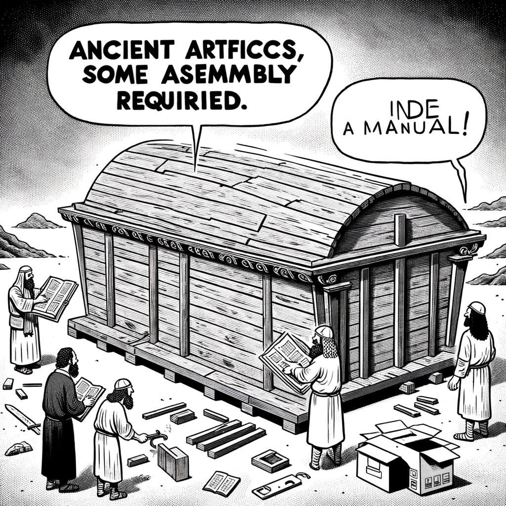 A comic strip of the building of the ark of the covenant, but it's being assembled from a flat-pack furniture box with a manual. The caption reads, "Ancient artifacts, some assembly required."