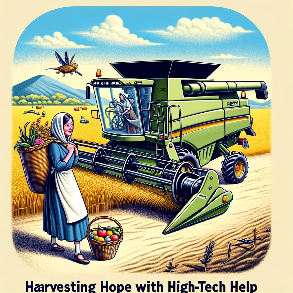 A whimsical image of Ruth gleaning in the fields, but she's using a modern combine harvester. The caption reads, "Harvesting hope with high-tech help."