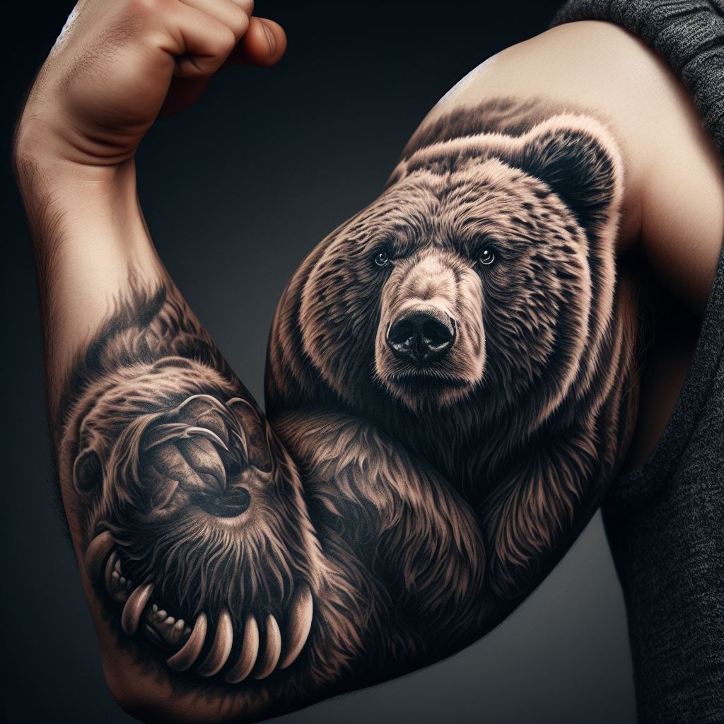 A fierce bear tattoo on the bicep, its detailed fur and expressive face artfully covering an older, less meaningful tattoo, representing strength and resilience.