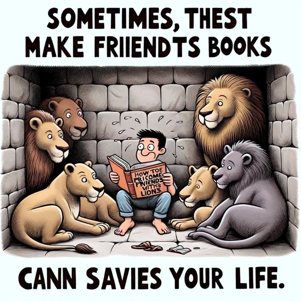 A funny depiction of Daniel in the lion's den, but he's calmly reading a book titled "How to Make Friends with Lions". The caption reads, "Sometimes, the right book can save your life."