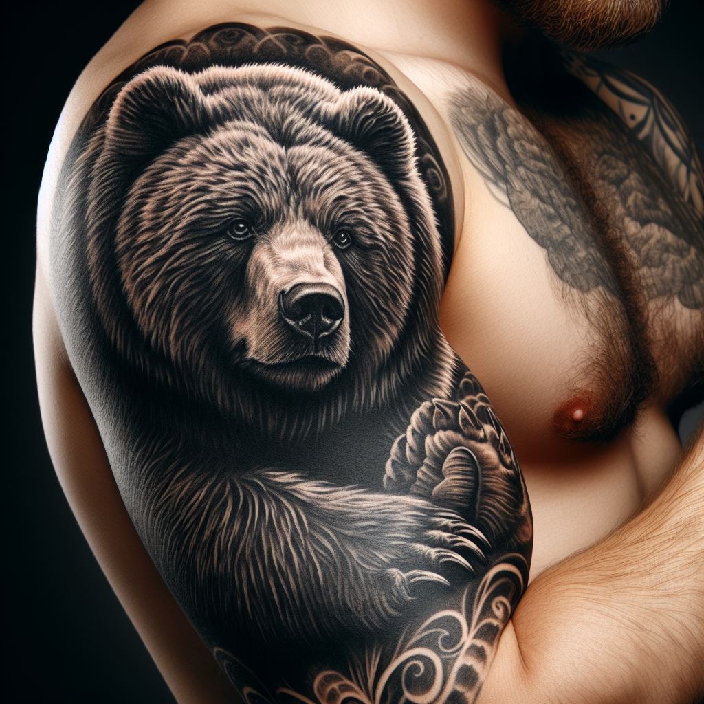 A fierce bear tattoo on the bicep, its detailed fur and expressive face artfully covering an older, less meaningful tattoo, representing strength and resilience.