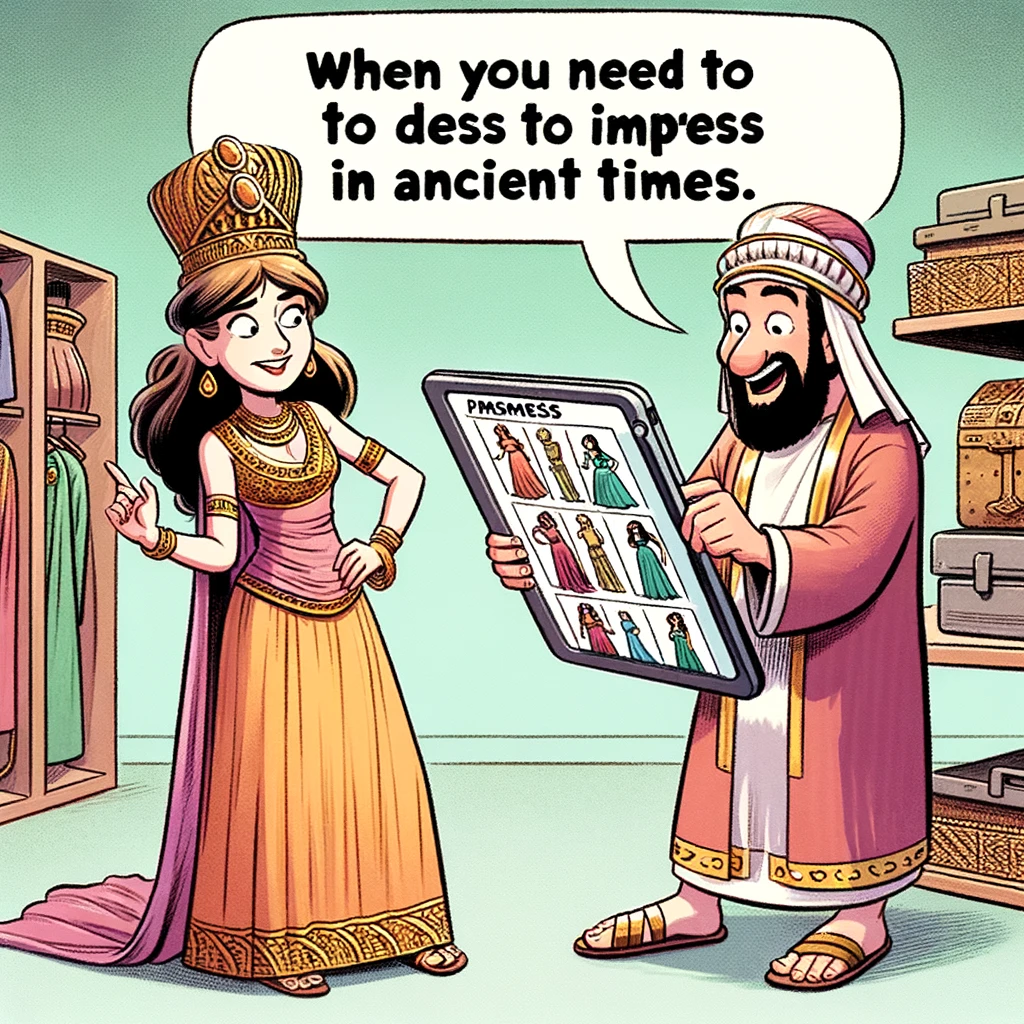 A cartoon of Esther preparing to meet the king, but she's getting fashion advice from a tablet showing the latest Persian Empire trends. The caption reads, "When you need to dress to impress in ancient times."