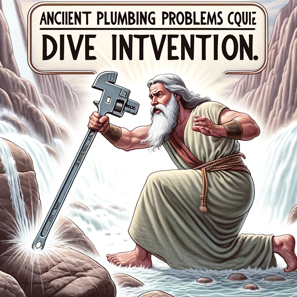 A humorous illustration of Moses striking the rock to get water, but instead of a staff, he's using a plumber's wrench. The caption reads, "Ancient plumbing problems require divine intervention."