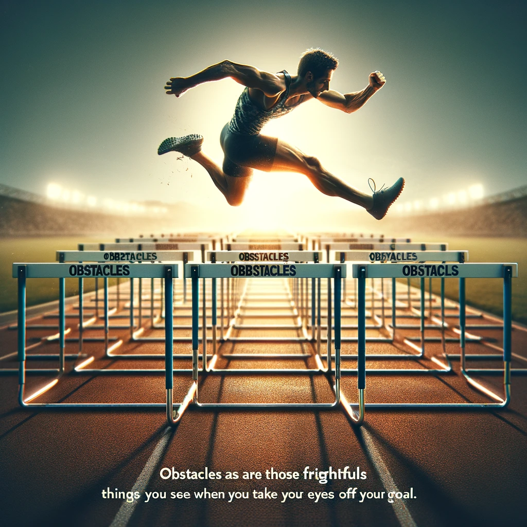 An image of an athlete in mid-air jumping over hurdles on a track, symbolizing overcoming obstacles. The athlete should be captured in a dynamic pose, mid-jump, showing strength and determination. The track can be seen with multiple hurdles, emphasizing the challenge. The background should be slightly blurred to convey motion and focus on the athlete. The caption at the bottom reads, 'Obstacles are those frightful things you see when you take your eyes off your goal.' This image should evoke a sense of perseverance and focus.