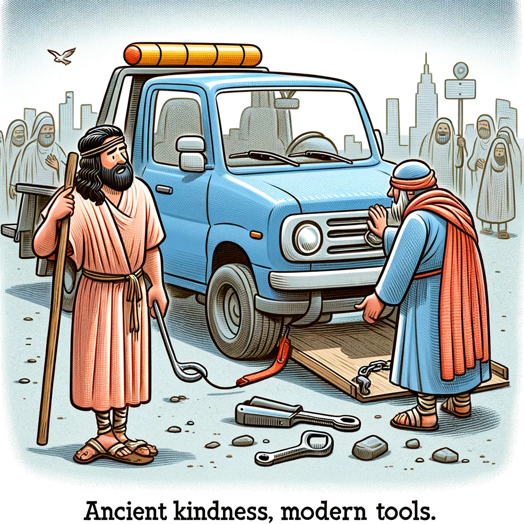 A playful scene of the Good Samaritan offering roadside assistance, but he's using a modern tow truck. The caption reads, "Ancient kindness, modern tools."