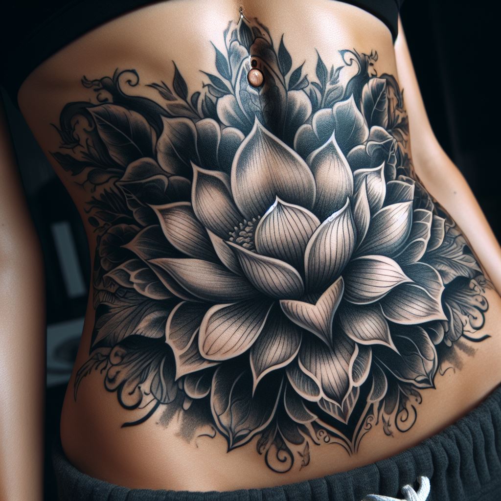 A large, ornate lotus flower tattoo on the stomach, its petals and leaves beautifully enveloping and camouflaging a previous tattoo, symbolizing purity and spiritual awakening.
