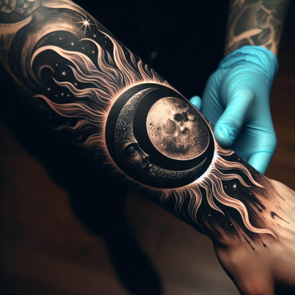 An artistic sun and moon tattoo encircling the elbow, combining dark and light elements to seamlessly incorporate an old tattoo into a celestial theme, symbolizing balance and cyclical nature.