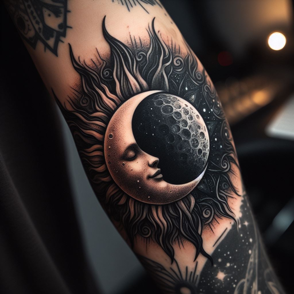 An artistic sun and moon tattoo encircling the elbow, combining dark and light elements to seamlessly incorporate an old tattoo into a celestial theme, symbolizing balance and cyclical nature.