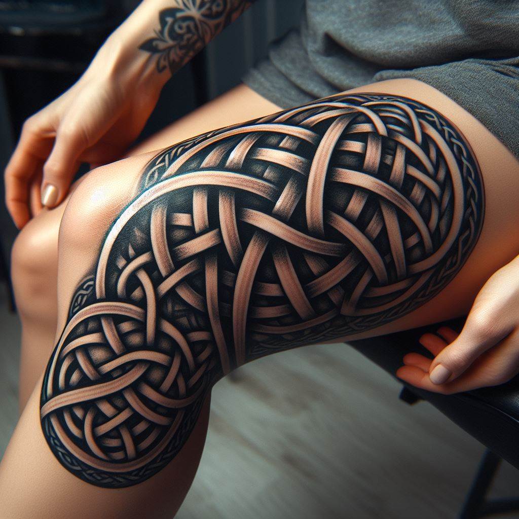 A bold, Celtic knot tattoo wrapping around the knee, its interlocking patterns designed to mask a previous tattoo while symbolizing eternity and interconnectedness.