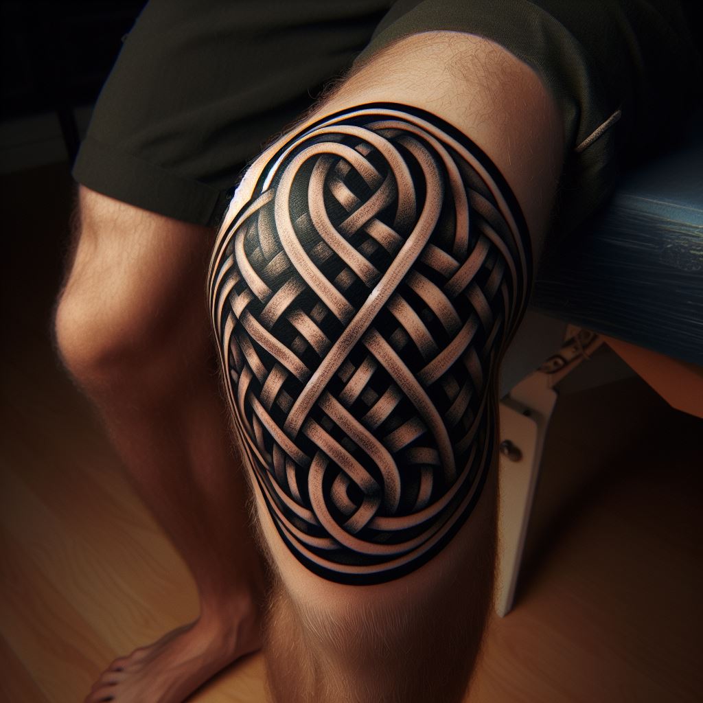 A bold, Celtic knot tattoo wrapping around the knee, its interlocking patterns designed to mask a previous tattoo while symbolizing eternity and interconnectedness.
