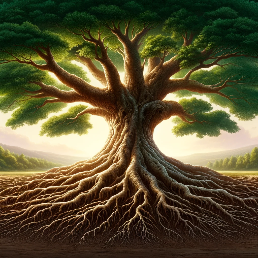 A grand, old tree with extensive roots, symbolizing strength and stability. The roots are prominently visible and spread widely. The tree is majestic and has a thick, rugged trunk with lush, green leaves. The background is a serene, natural landscape, perhaps a meadow or a forest clearing. A caption at the bottom of the image reads, "Deep roots make for a strong life." The overall tone is inspiring and majestic, emphasizing the beauty and resilience of nature.