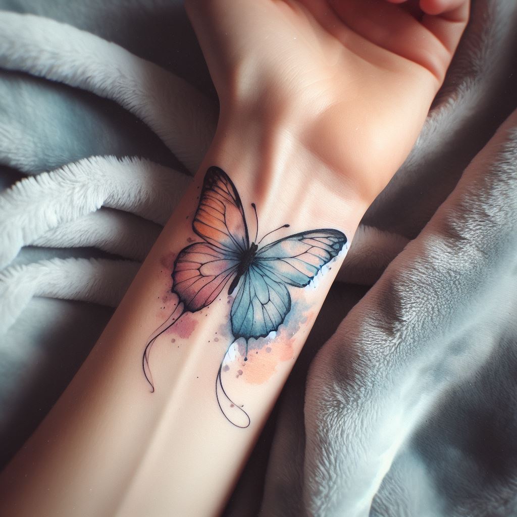 A delicate watercolor butterfly tattoo on the inner wrist, its soft gradients and fluid lines transforming an outdated tattoo into a symbol of change and beauty.