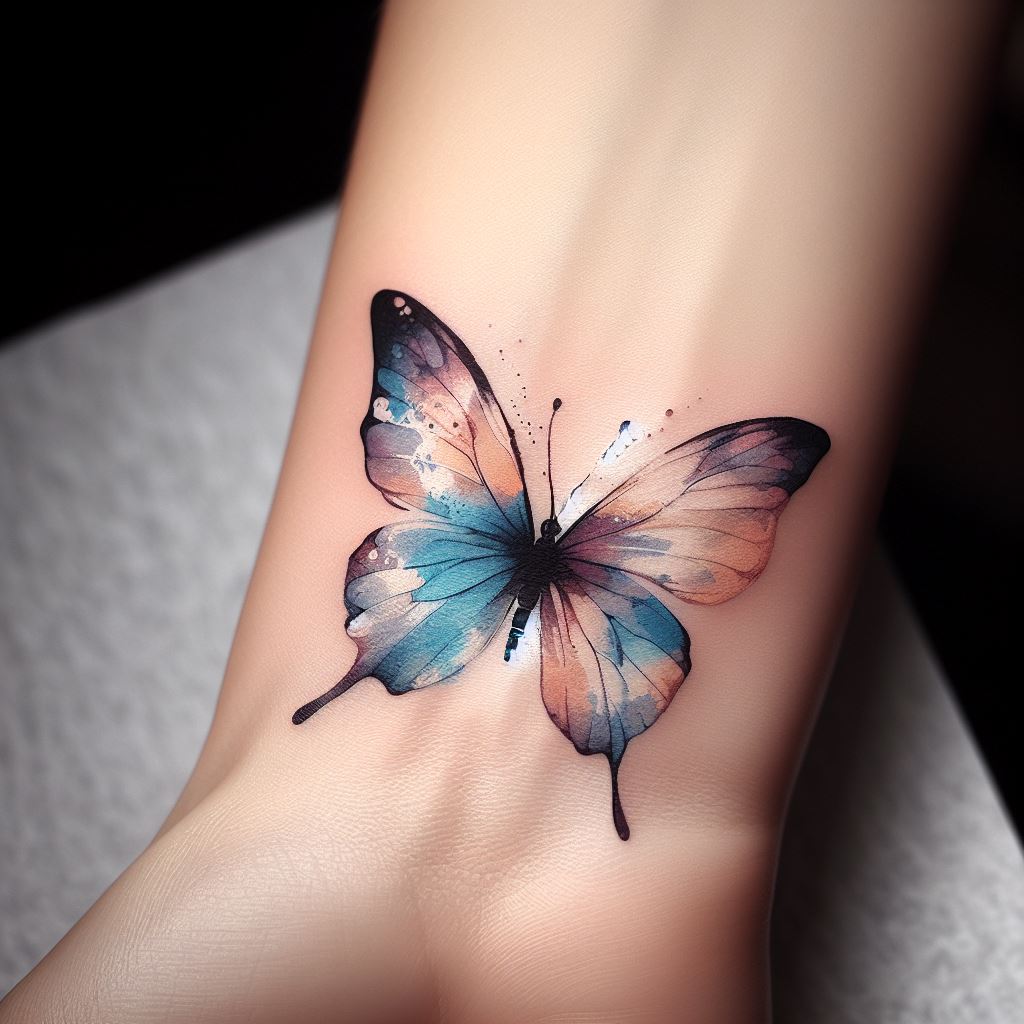 A delicate watercolor butterfly tattoo on the inner wrist, its soft gradients and fluid lines transforming an outdated tattoo into a symbol of change and beauty.