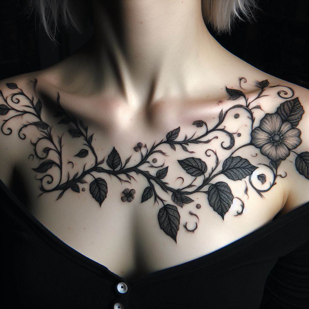 An intricate vine tattoo along the collarbone, with leaves and flowers that elegantly cover an old tattoo, embodying growth and renewal.