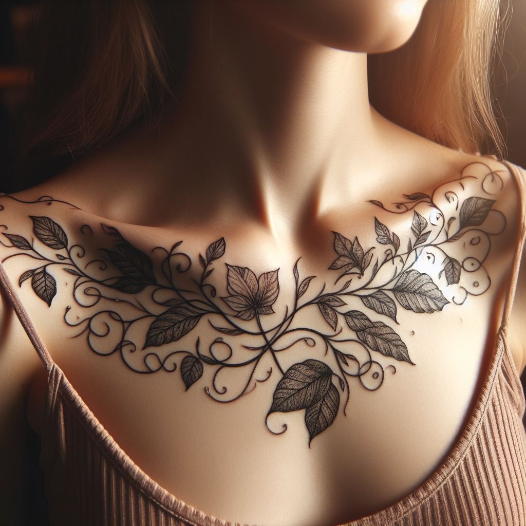 An intricate vine tattoo along the collarbone, with leaves and flowers that elegantly cover an old tattoo, embodying growth and renewal.