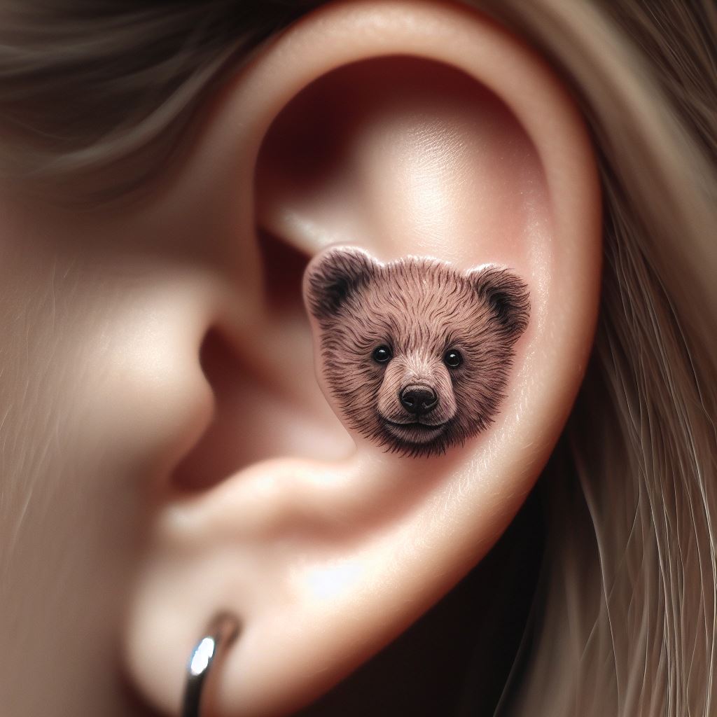 A tiny, intricate tattoo of a bear cub's face peeking from behind the ear, its features detailed with fine lines and soft shading to capture its innocent and curious expression. This discreet placement makes the tattoo a hidden gem, only revealed when the hair is tucked behind the ear, offering a personal connection to the bear's symbolism of protection and exploration.