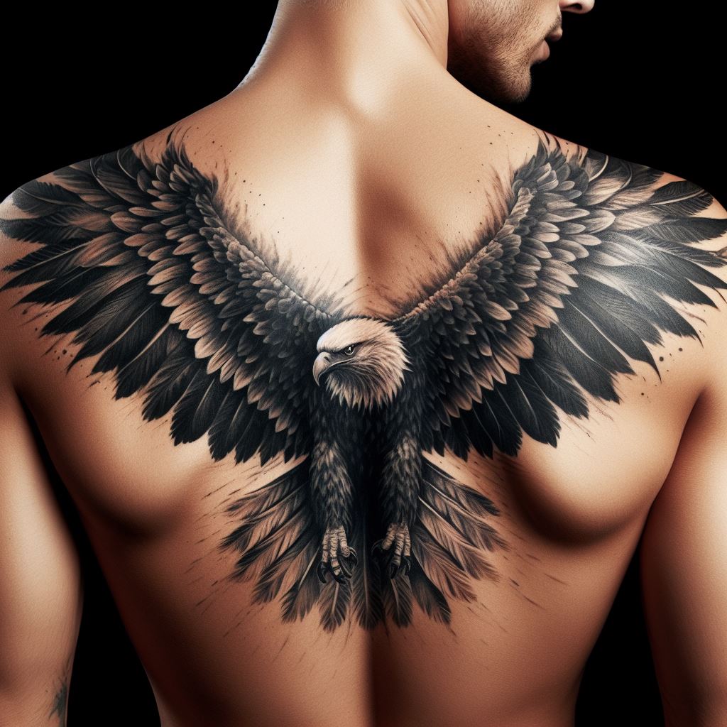 A majestic eagle in flight tattoo across the upper back, its wings spread wide to incorporate and disguise a former tattoo, representing freedom and perspective.