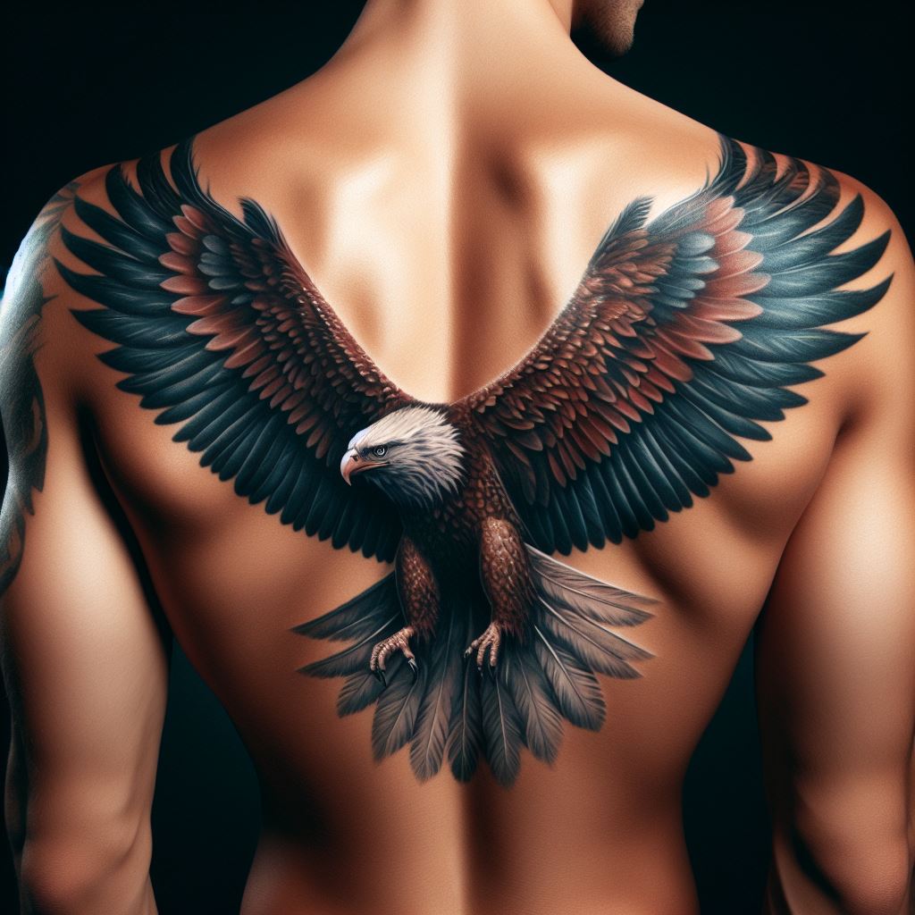 A majestic eagle in flight tattoo across the upper back, its wings spread wide to incorporate and disguise a former tattoo, representing freedom and perspective.