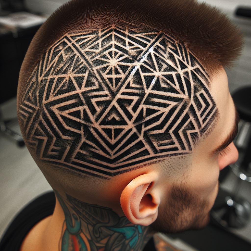 A geometric pattern tattoo on the scalp, visible through shaved or short hair, designed to cleverly mask an old tattoo with precision and modernity.