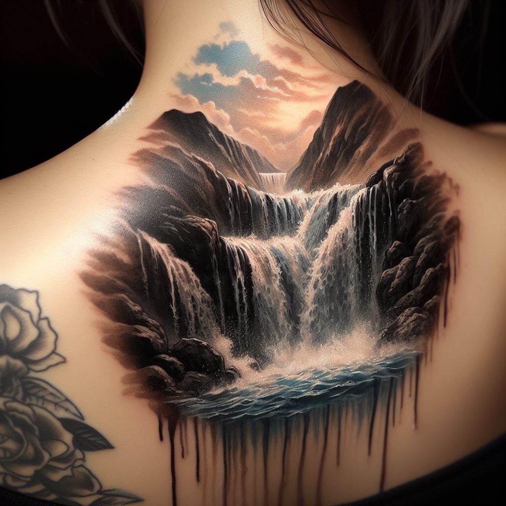 A cascading waterfall tattoo at the nape of the neck, with flowing water and rocks that naturally conceal an old tattoo, symbolizing peace and continuity.