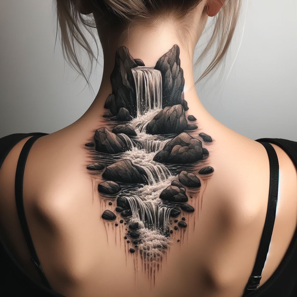 A cascading waterfall tattoo at the nape of the neck, with flowing water and rocks that naturally conceal an old tattoo, symbolizing peace and continuity.