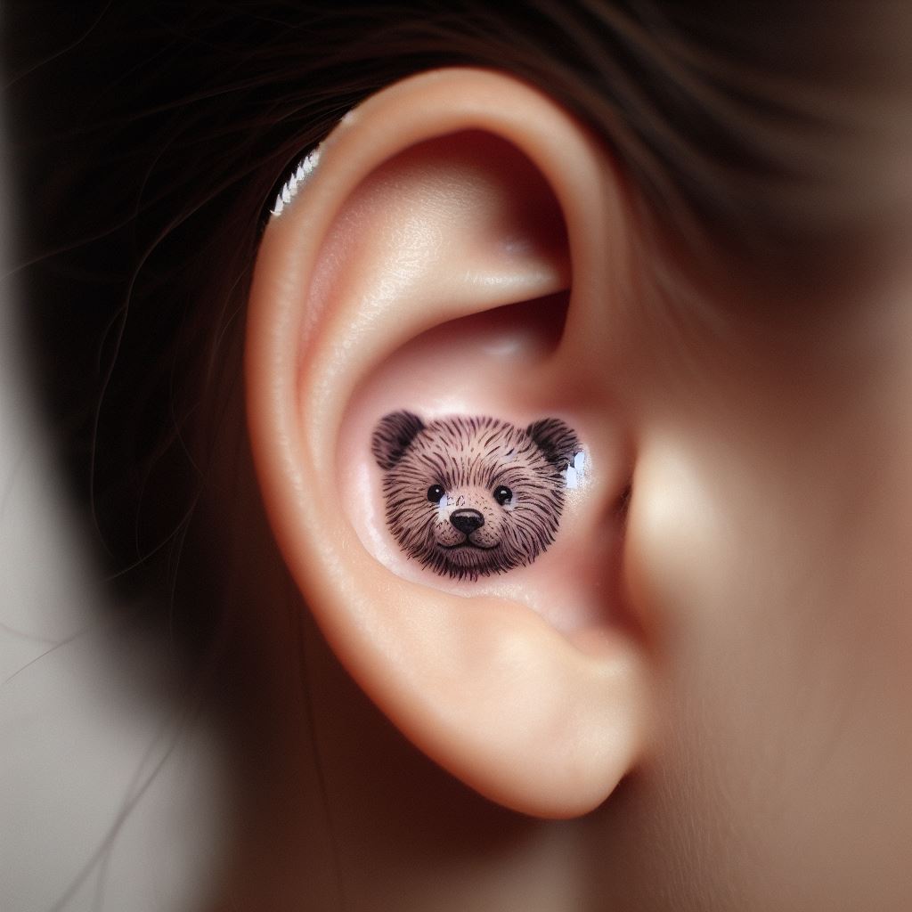 A tiny, intricate tattoo of a bear cub's face peeking from behind the ear, its features detailed with fine lines and soft shading to capture its innocent and curious expression. This discreet placement makes the tattoo a hidden gem, only revealed when the hair is tucked behind the ear, offering a personal connection to the bear's symbolism of protection and exploration.