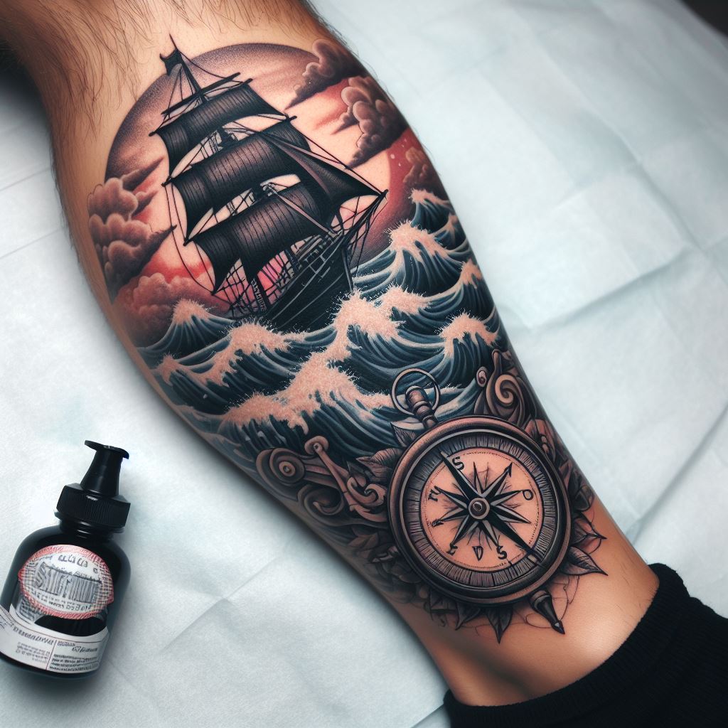 A nautical themed tattoo on the lower leg, featuring a ship, compass, and waves that artfully cover a previous tattoo, navigating through past mistakes towards new horizons.