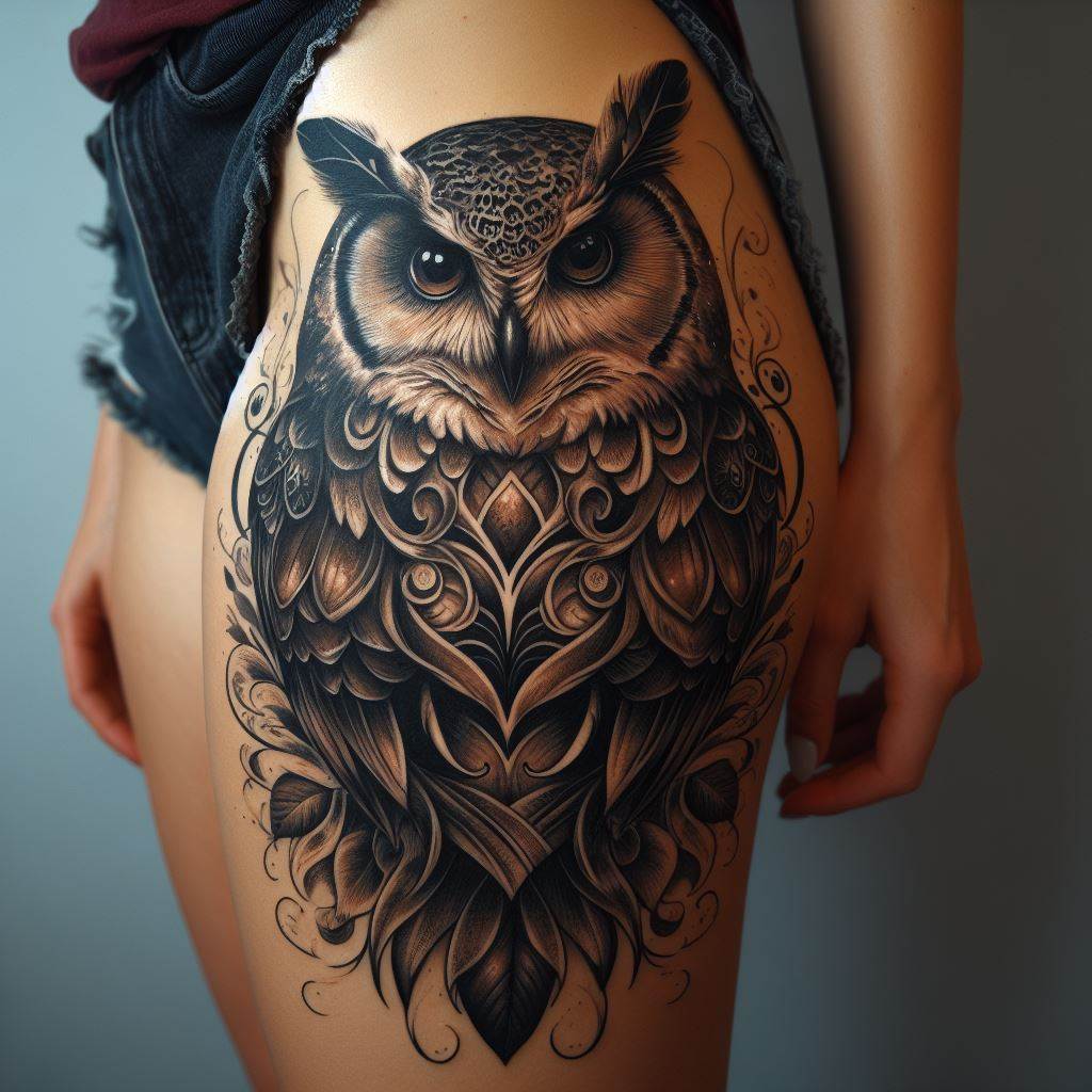 A large, ornamental owl tattoo on the upper thigh, its detailed feathers and wise gaze covering an old tattoo, representing knowledge and mystery.