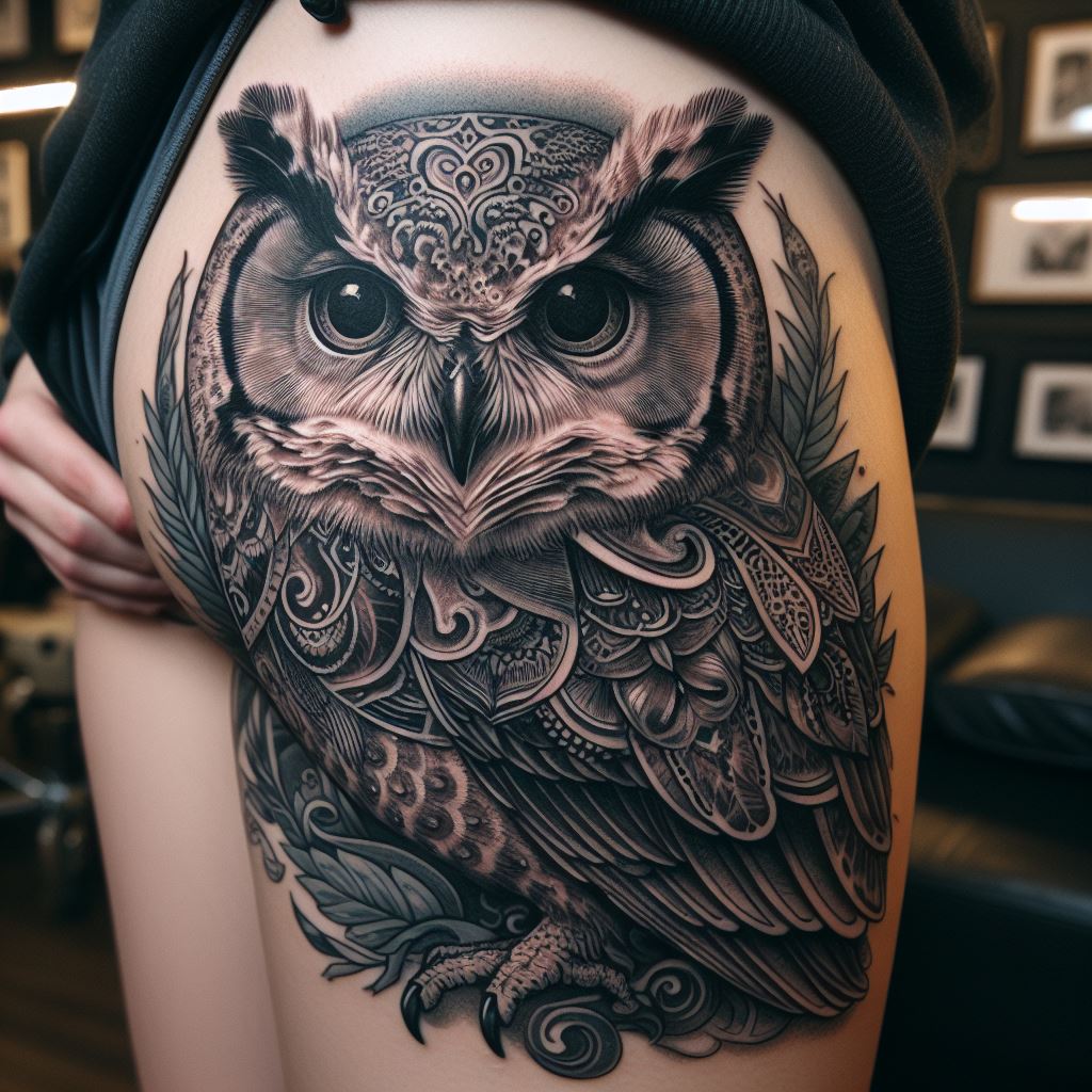 A large, ornamental owl tattoo on the upper thigh, its detailed feathers and wise gaze covering an old tattoo, representing knowledge and mystery.