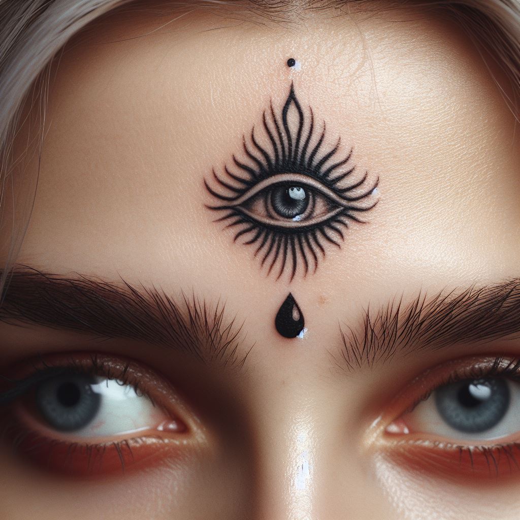 A small, symbolic third eye tattoo on the forehead, designed to cover a small old tattoo, offering a spiritual symbol of insight and intuition.