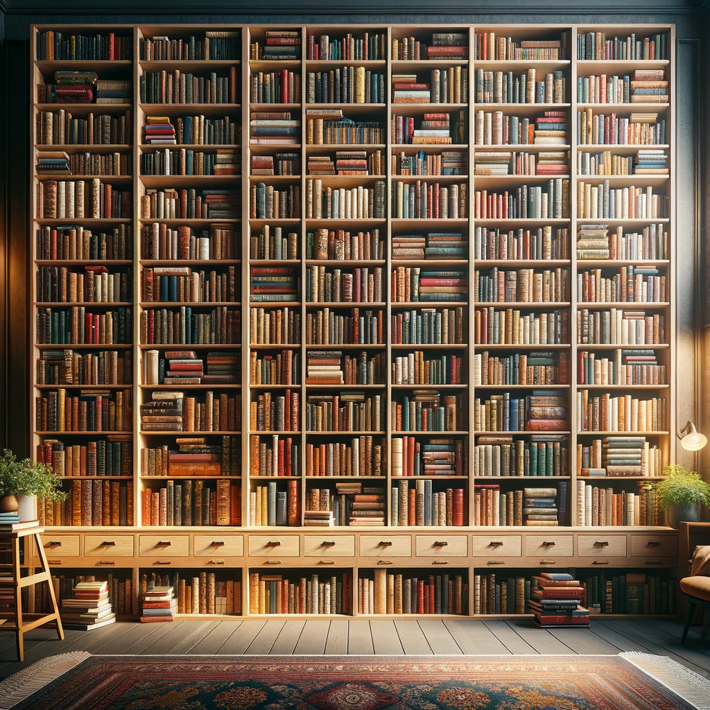 A well-stocked bookshelf, filled with books of various sizes and colors. The bookshelf is large and occupies most of the image, showcasing a diverse collection that symbolizes knowledge and learning. The books are arranged neatly, some vertically and others horizontally, creating an aesthetically pleasing pattern. The setting suggests a cozy, intellectual environment, like a study or a library. At the bottom of the image, there's a caption that reads, "A room without books is like a body without a soul." The overall feel of the image is warm, inviting, and scholarly.