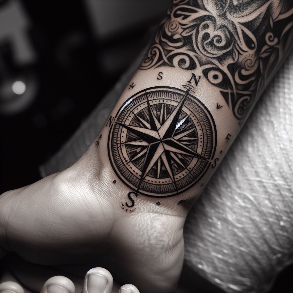 A small, intricate compass tattoo on a man's wrist, symbolizing guidance and direction.