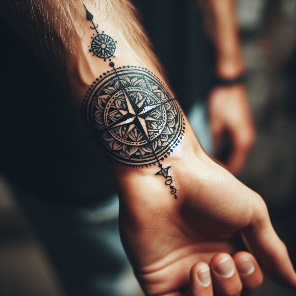 A small, intricate compass tattoo on a man's wrist, symbolizing guidance and direction.