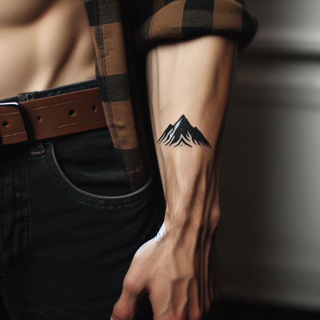 A small, minimalist black ink tattoo of a mountain range on a man's forearm, representing adventure and exploration.