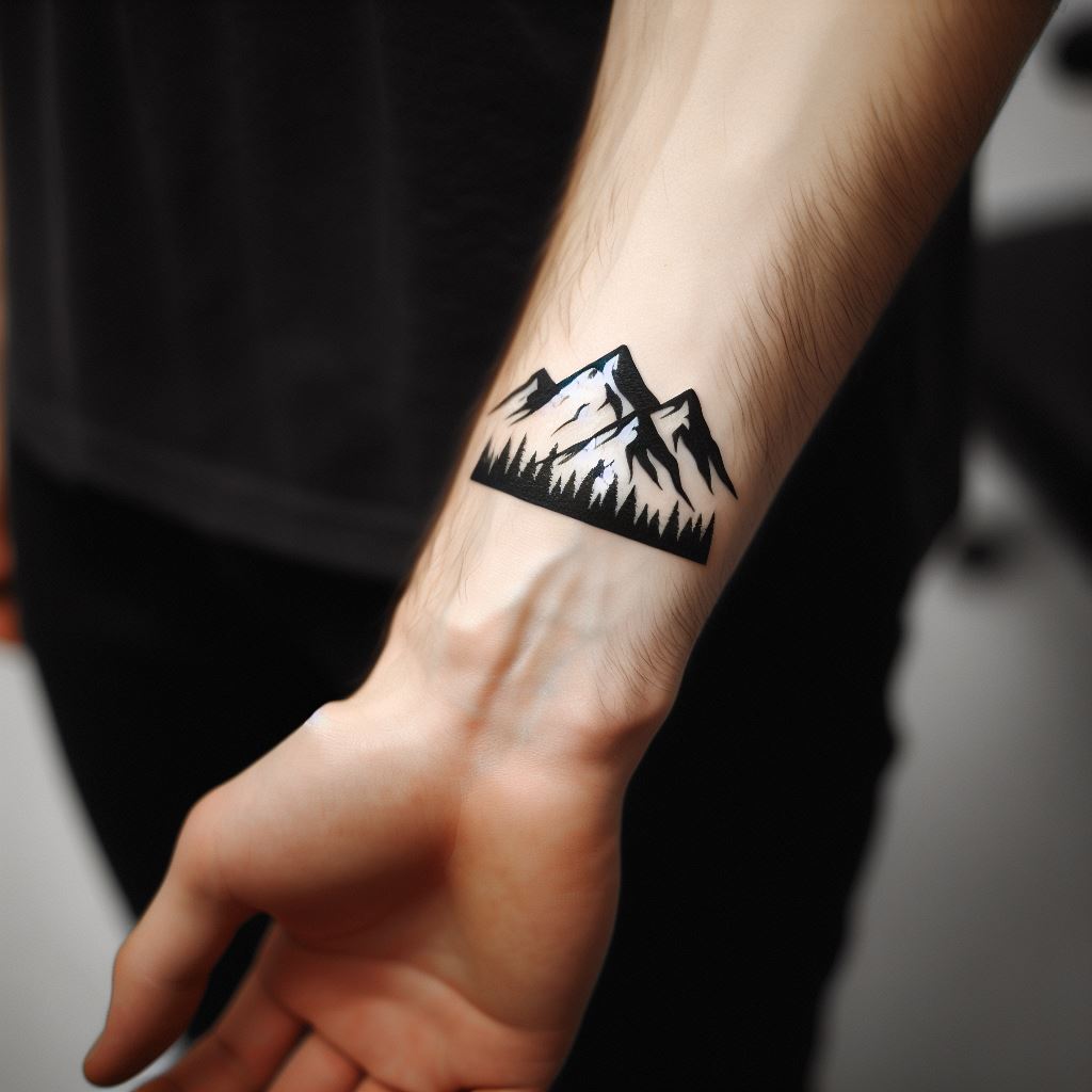 A small, minimalist black ink tattoo of a mountain range on a man's forearm, representing adventure and exploration.