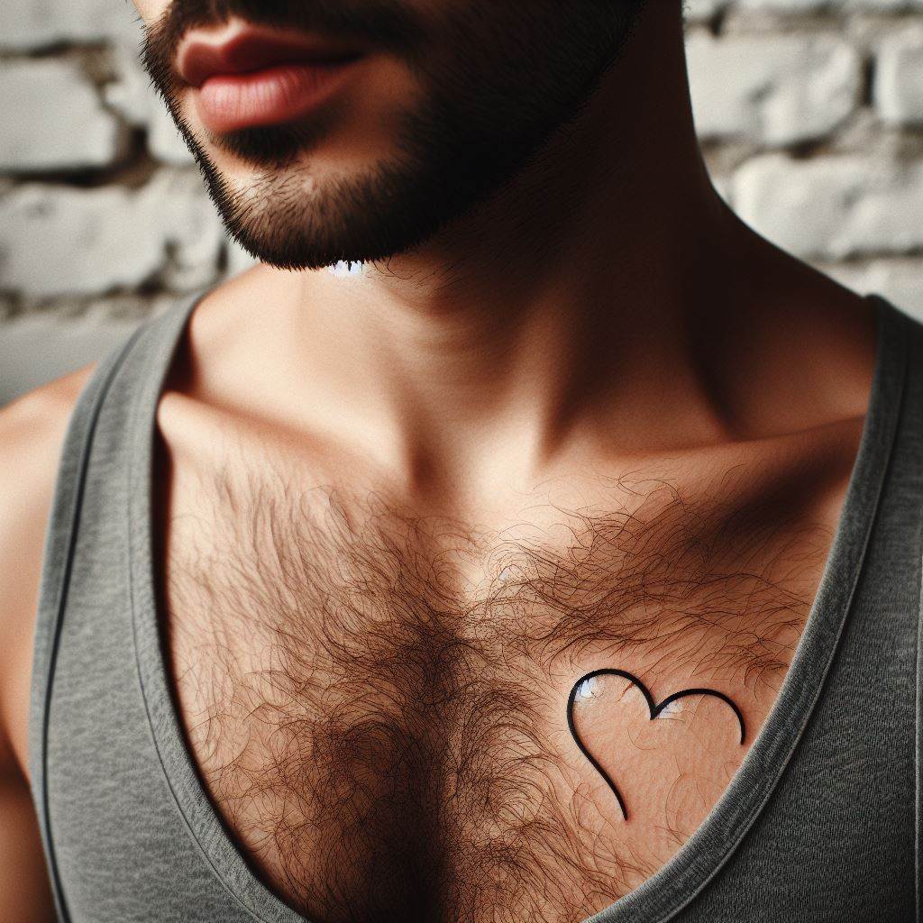 A small, simple heart tattoo located over a man's heart on the chest, signifying love and passion.