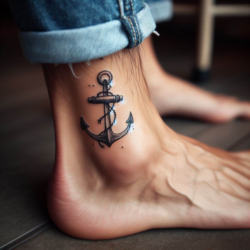 A small, delicate anchor tattoo on a man's ankle, symbolizing stability and grounding.