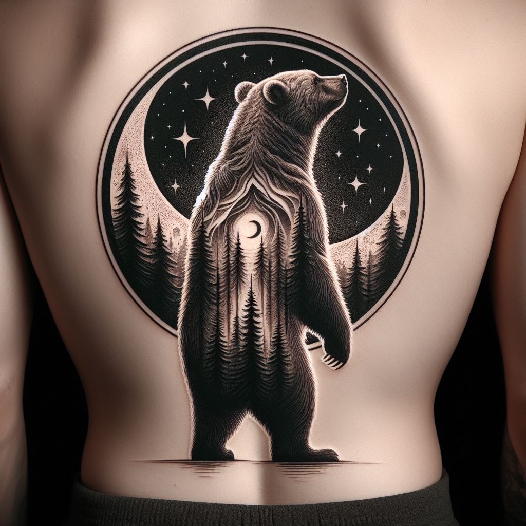 A tattoo featuring a majestic bear standing on its hind legs, framed by a crescent moon and pine trees on the lower back. The scene is set in a nocturnal forest, with the moon illuminating the bear's outline and the trees casting shadows. This design combines elements of nature with a sense of mystery and magic, using shading and perspective to create depth. The bear's stance signifies resilience and strength, making it a powerful statement piece.