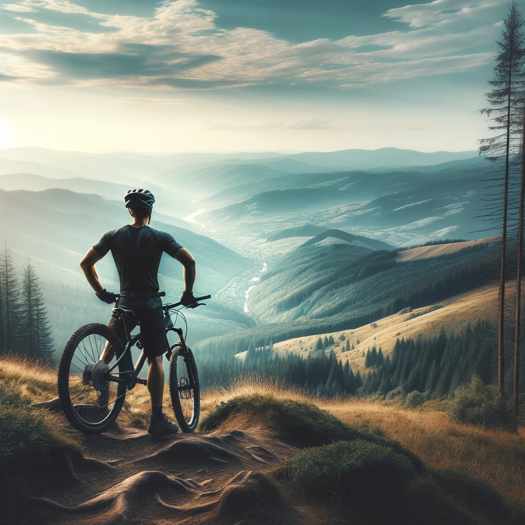 A mountain biker at the top of a hill, looking over a vast landscape. The biker is in a triumphant pose, perhaps with hands on hips or arms raised, gazing at the horizon. The landscape below is a mix of valleys, forests, and distant mountains, conveying a sense of grandeur and accomplishment. The sky is either early morning or late afternoon, casting a beautiful light over the scene. The caption at the bottom says, "The hardest climbs often lead to the best views." The image captures the essence of achievement after a challenging journey.