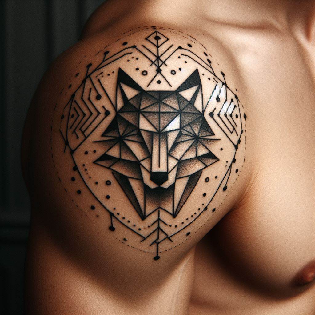 A small, geometric wolf tattoo on a man's shoulder, representing strength and loyalty.