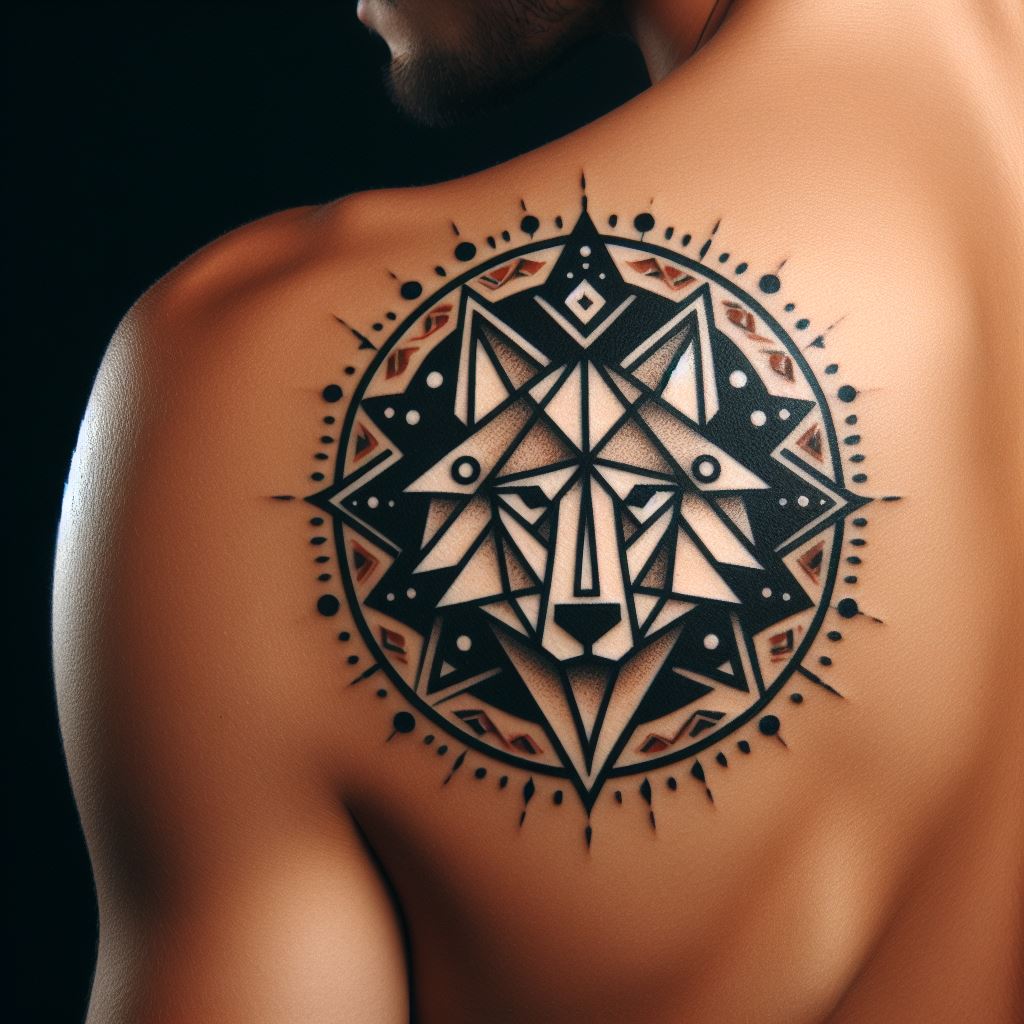 A small, geometric wolf tattoo on a man's shoulder, representing strength and loyalty.