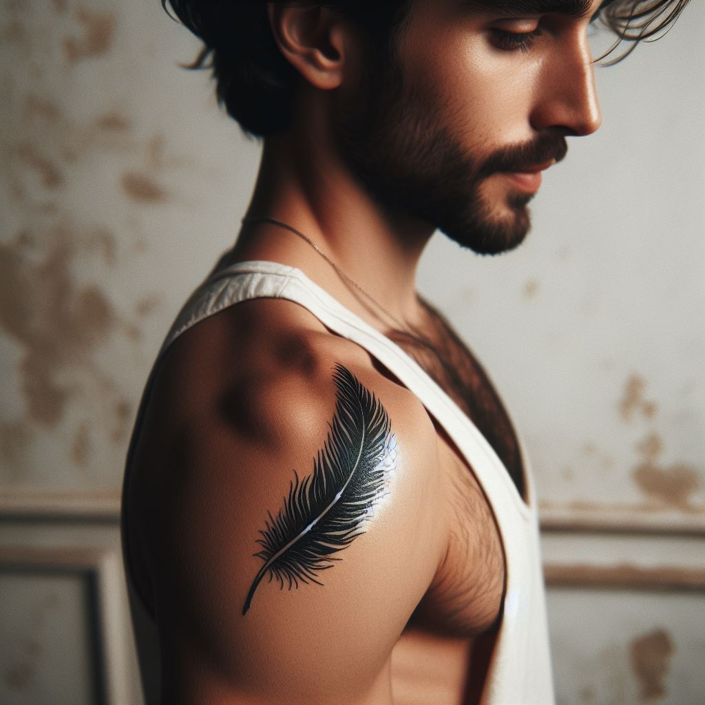 A small, classic black ink tattoo of a feather on a man's upper arm, denoting freedom and inspiration.
