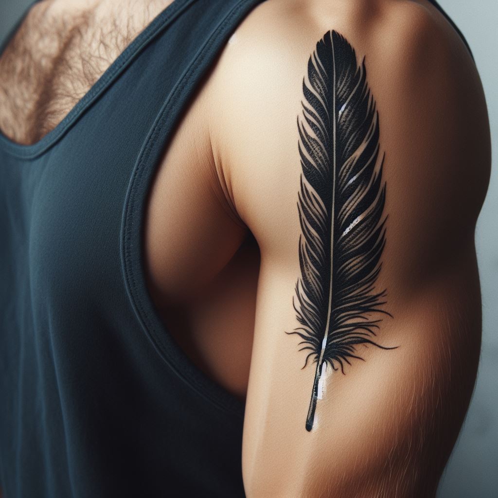 A small, classic black ink tattoo of a feather on a man's upper arm, denoting freedom and inspiration.