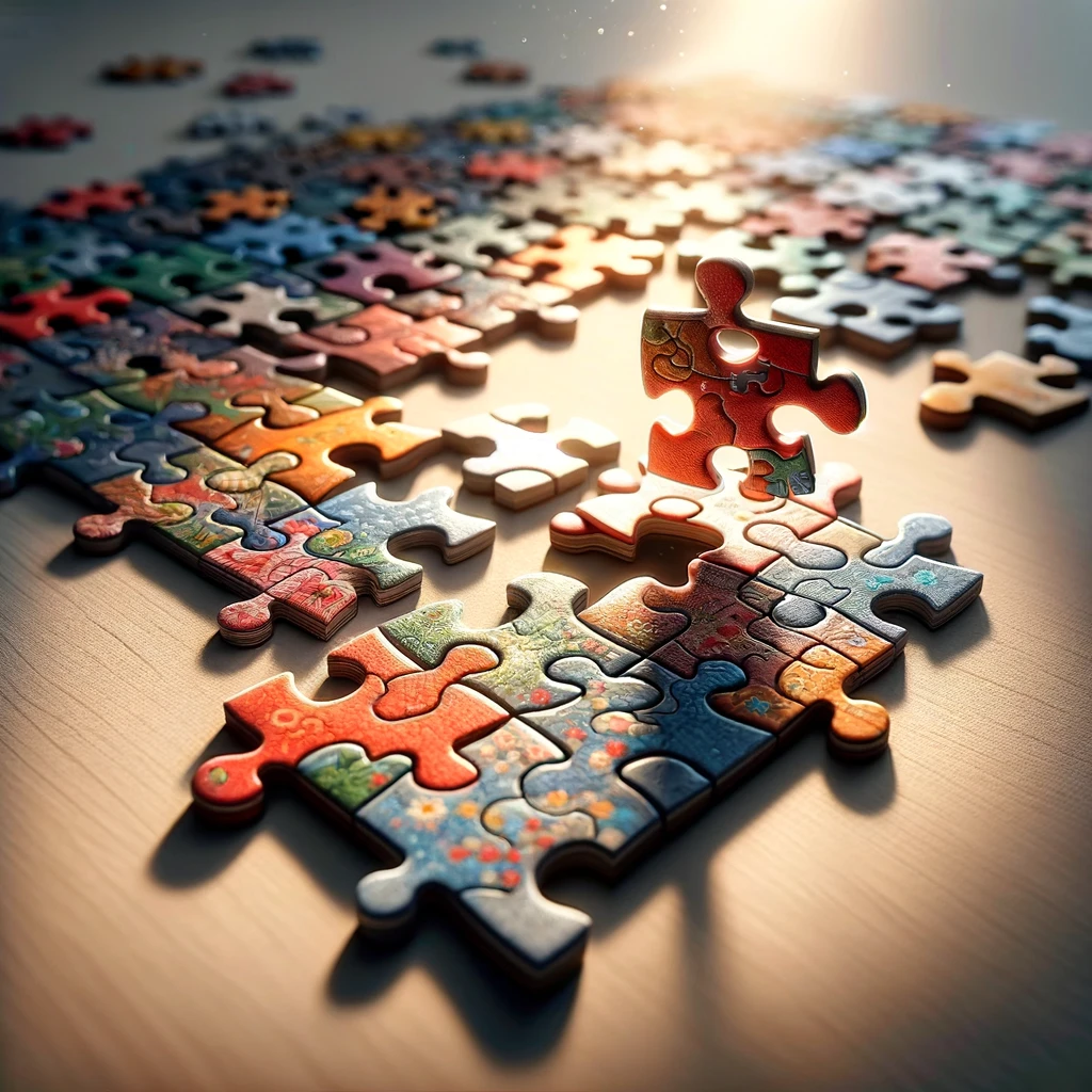An image of puzzle pieces fitting together perfectly, symbolizing problem-solving and completion. The puzzle pieces are colorful and varied, forming a complete image that is intricate and beautiful. The focus is on the moment of two pieces clicking into place, with a satisfying sense of finality. The background is simple, perhaps a table or a neutral surface, to keep the focus on the puzzle. Below the image, there's a phrase, "Every piece has its place in the puzzle of life." The overall feeling is one of satisfaction, accomplishment, and the beauty of everything coming together.