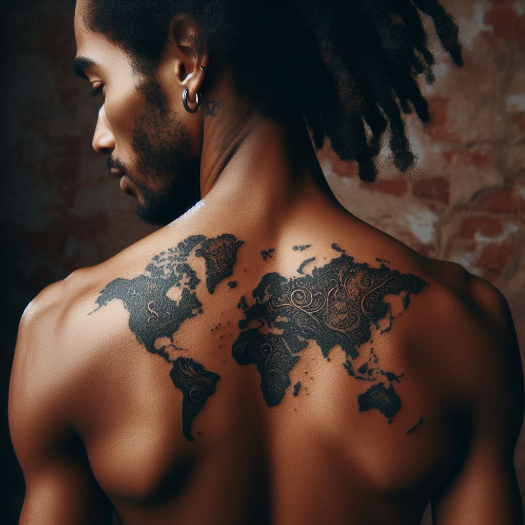 A small, detailed tattoo of a world map on a man's upper back, indicating a love for travel and adventure.