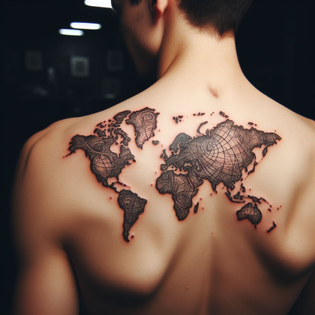 A small, detailed tattoo of a world map on a man's upper back, indicating a love for travel and adventure.
