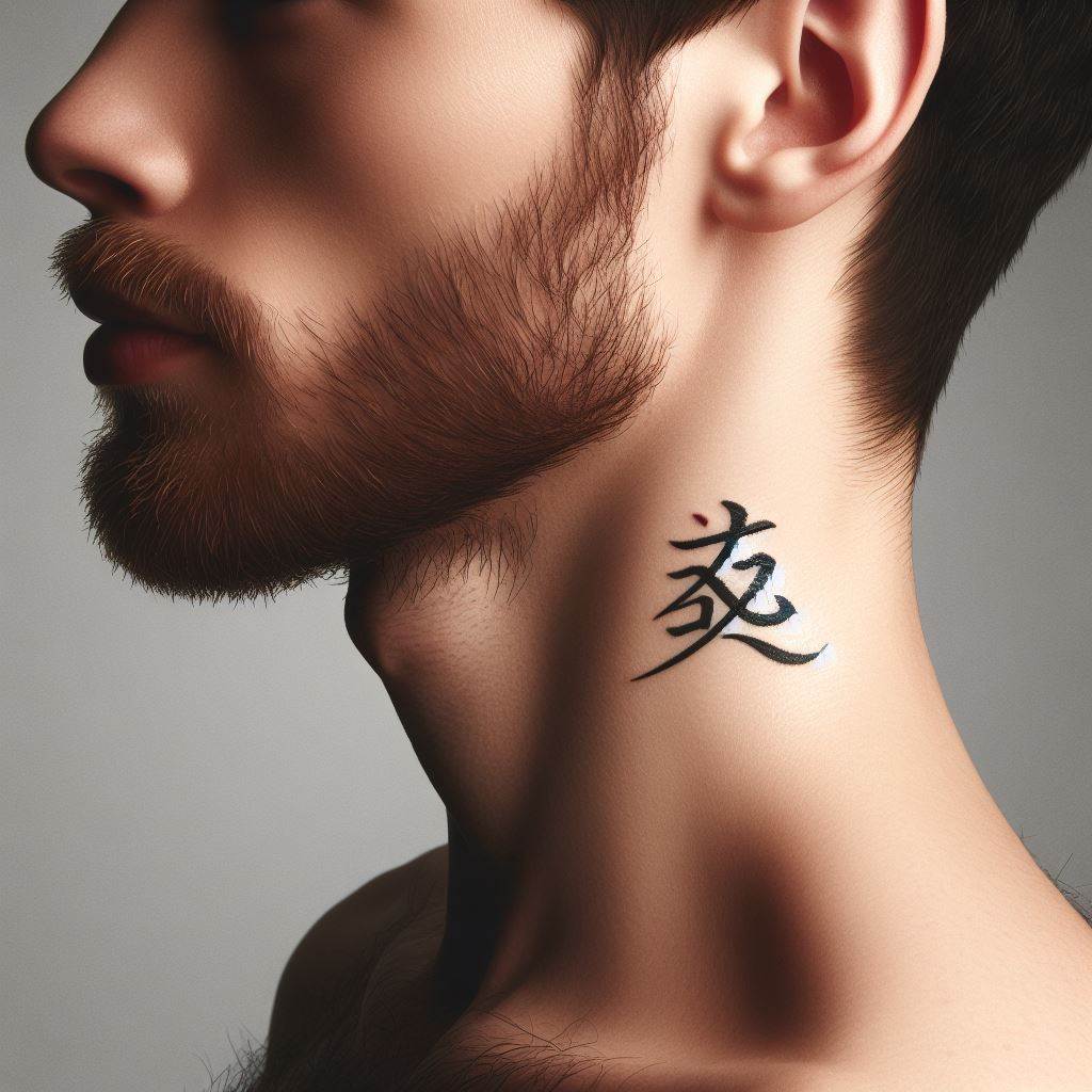 A small, subtle tattoo of a single word in elegant script on the side of a man's neck, expressing a personal mantra or belief.